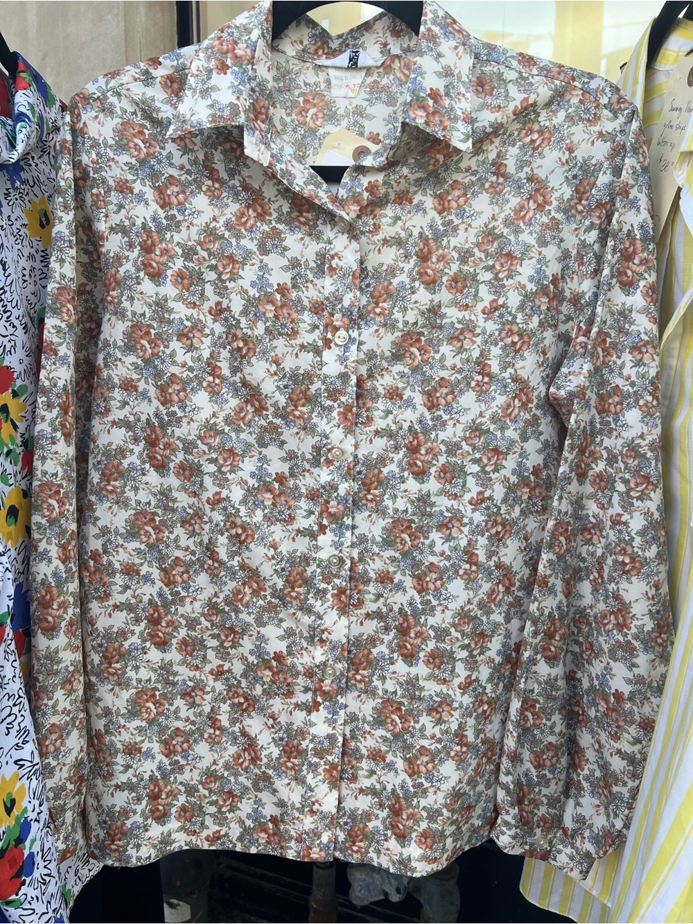 Floral Button-Up Blouse in Cream and Brown